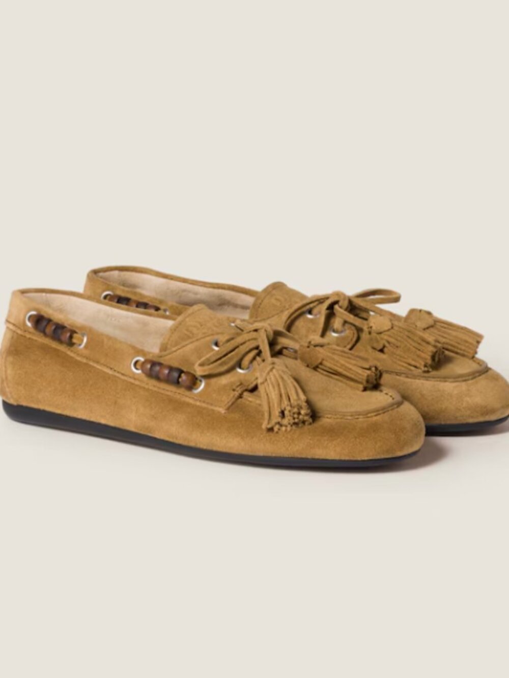 MIU MIU OLIVE GREEN BROWN SUEDE DECK SHOES WITH TASSELS SIZE 36 NIB